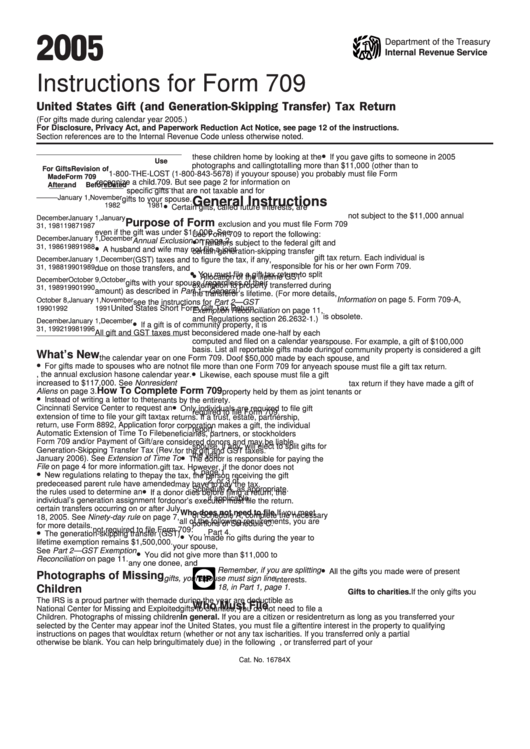 Instructions For Form 709 - United States Gift (And Generation-Skipping Transfer) Tax Return - 2005 Printable pdf