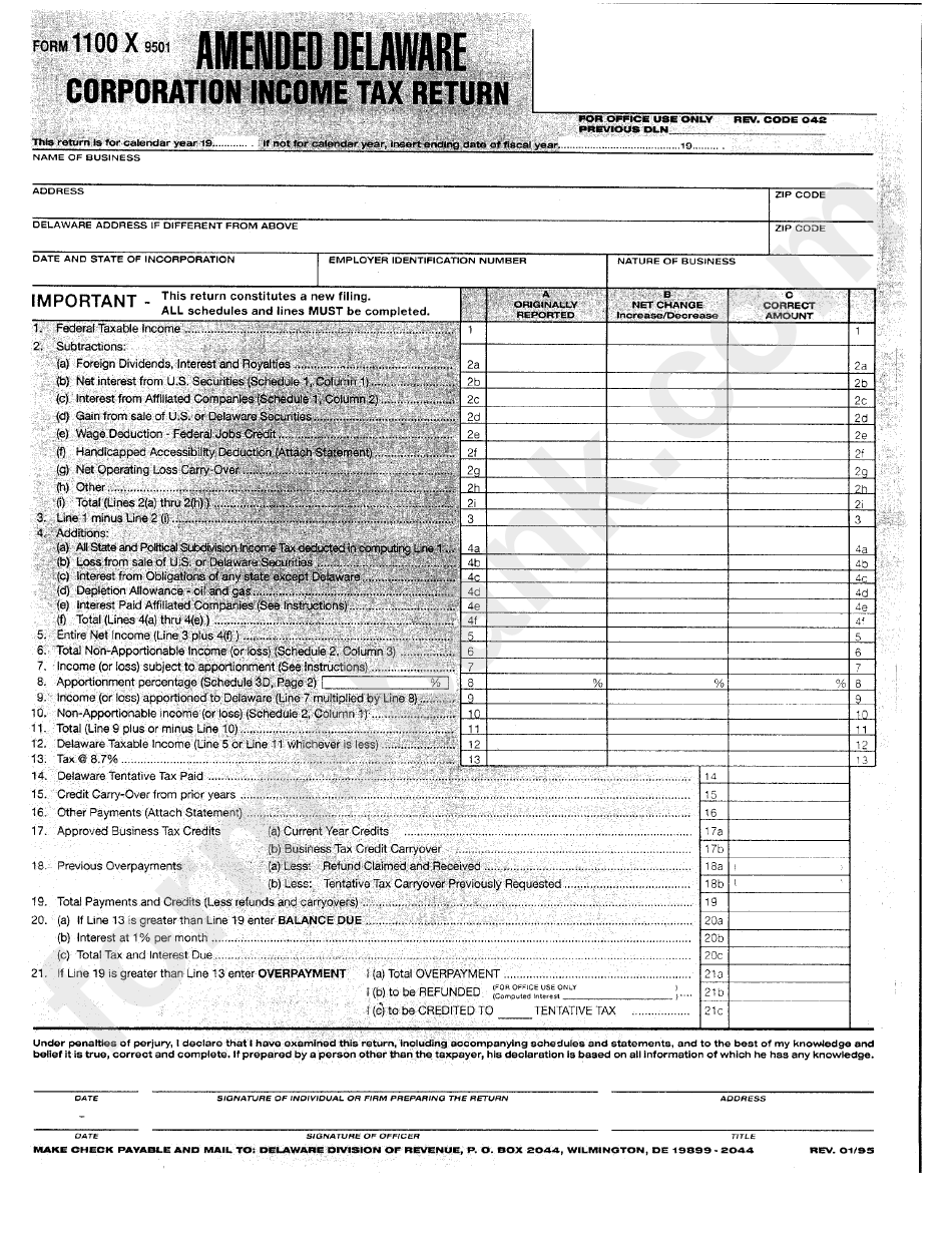 Form 1100 X 95010 - Amended Delaware Corporation Income Tax Refund