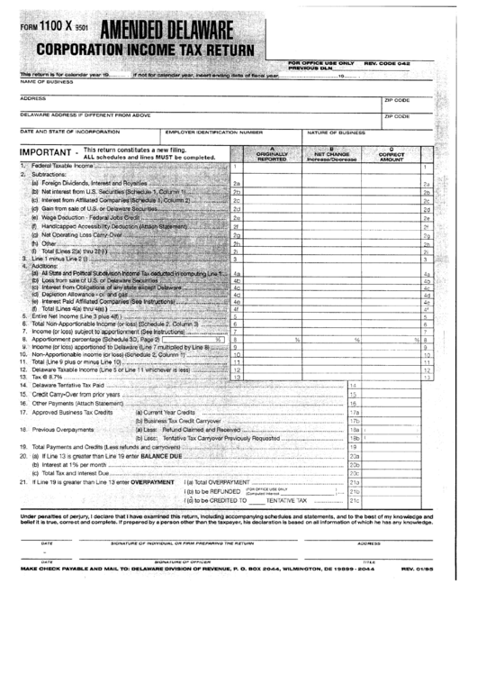 Form 1100 X 95010 - Amended Delaware Corporation Income Tax Refund Printable pdf