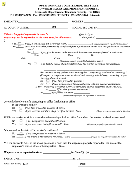 Form Mdes-1499a - Questionnaire To Determine The State To Which Wages Are Properly Reported Printable pdf