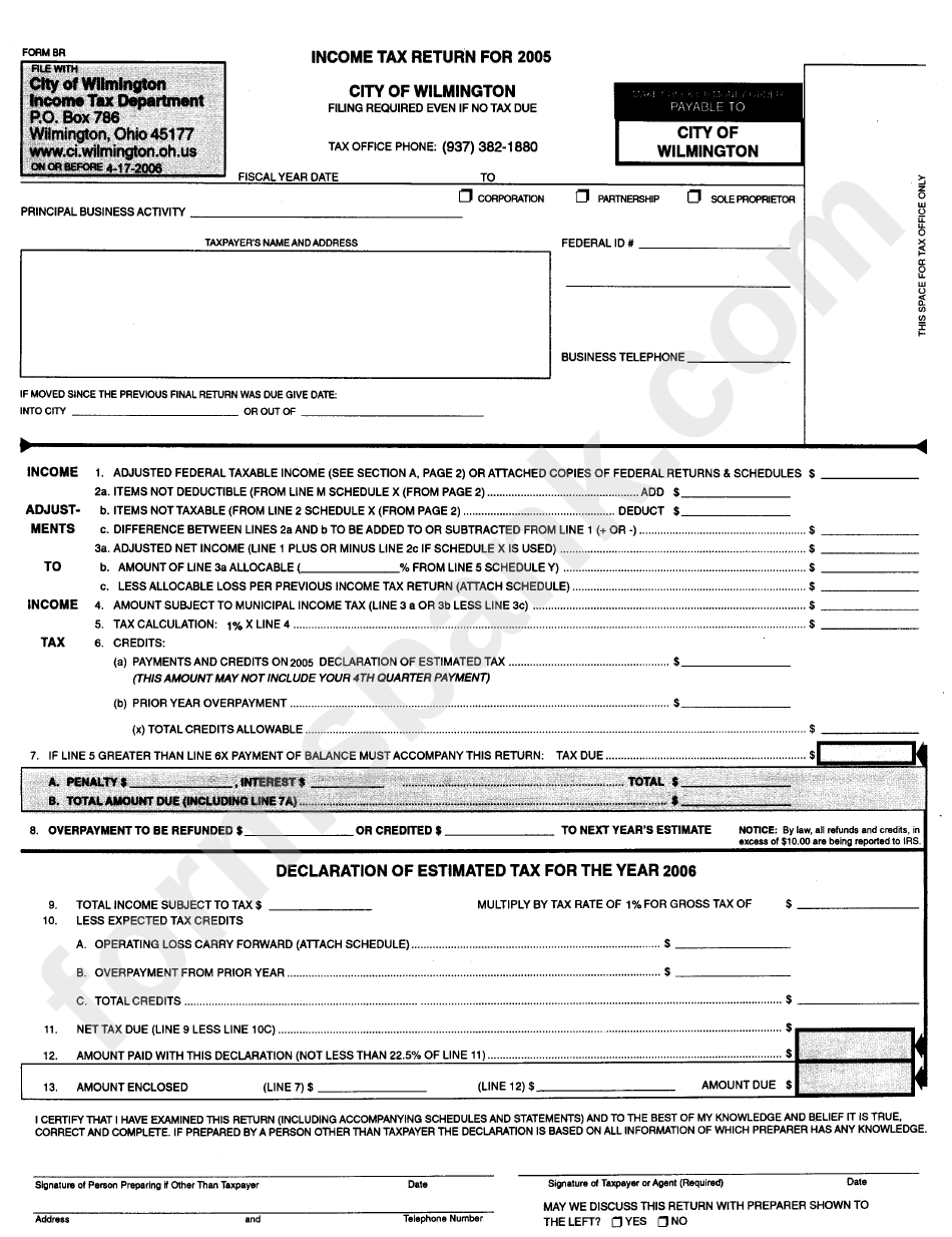 Form Br - Income Tax Return - City Of Wilmington, 2005