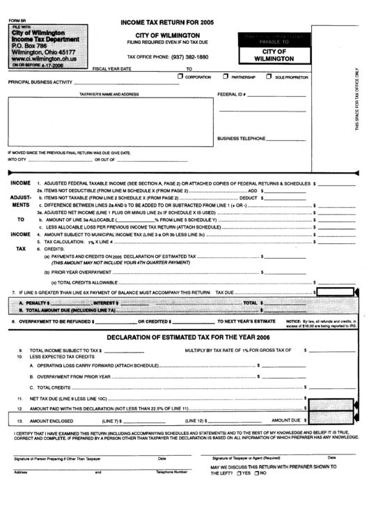 Form Br - Income Tax Return - City Of Wilmington, 2005 Printable pdf