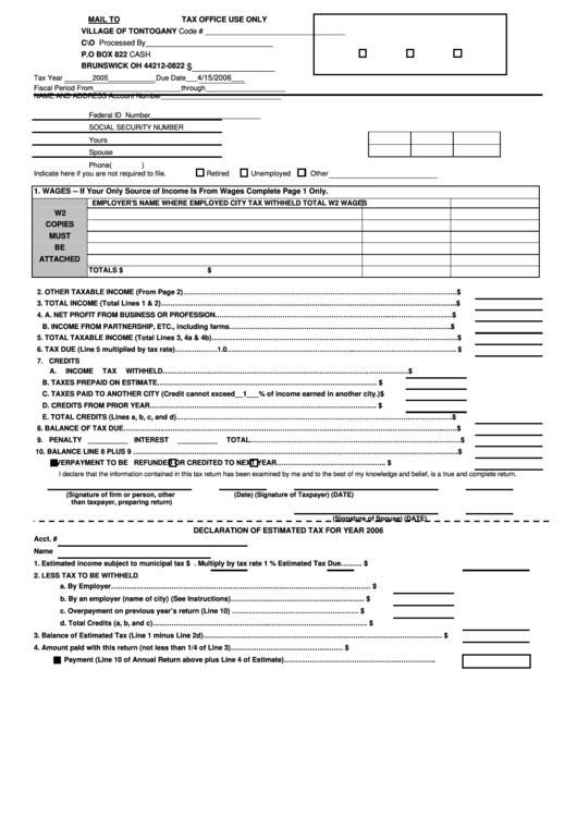 Form Declaration Of Estimated Tax Form For Year 2006 - Village Of Tontogany Printable pdf
