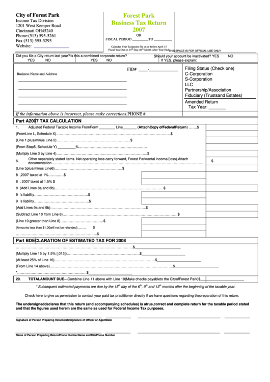 Business Tax Return Form - City Of Forest Park Income Tax Division - 2007 Printable pdf