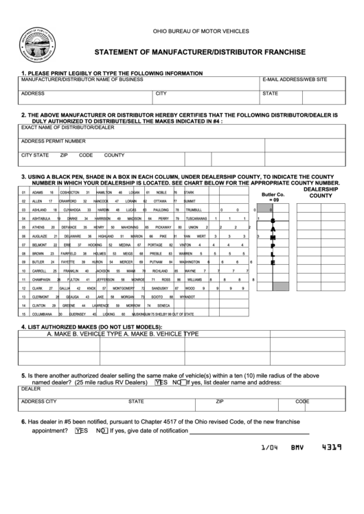 Fillable Form Bmv 4319 - Statement Of Manufacturer/distributor Franchise Printable pdf