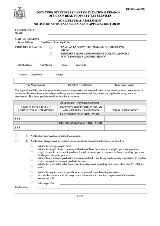 Form Rp-305-A - Agricultural Assessment - Notice Of Approval Or Denial Of Application Printable pdf