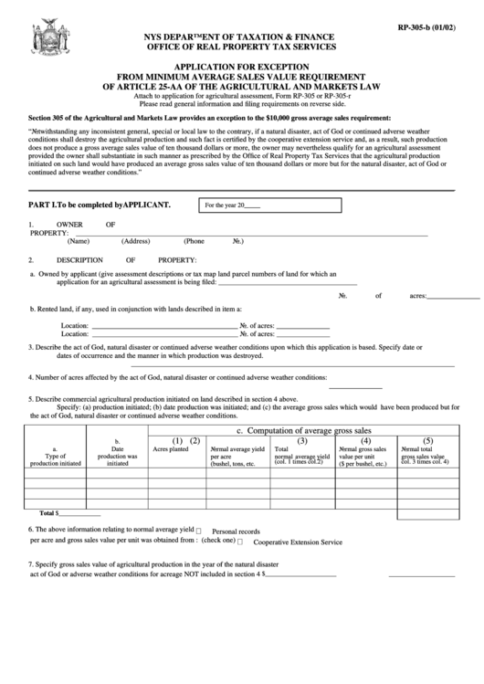 Form Rp-305-B - Application For Exception From Minimum Average Sales Value Requirement Printable pdf