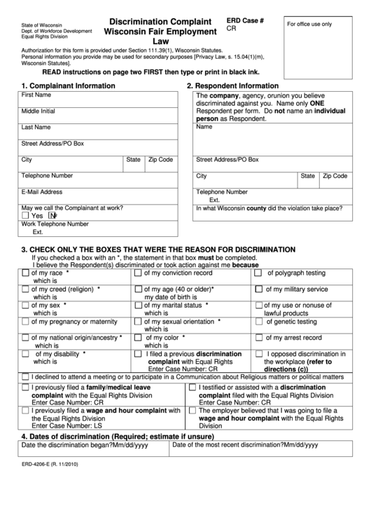 Erd Case - Discrimination Complaint Wisconsin Fair Employment Law. Equal Rights Complaint Process Information Sheet Printable pdf