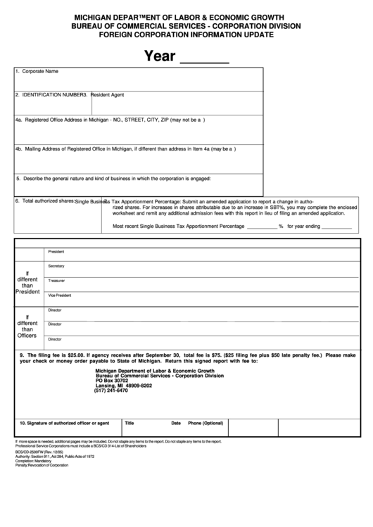 Fillable Form Bcs/cd-2500fw - Foreign Corporation Information Update Printable pdf