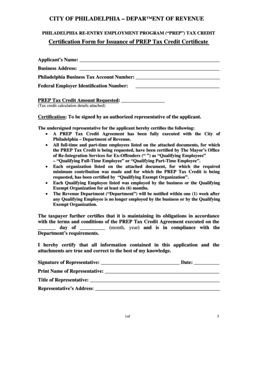 Certification Form For Issuance Of Prep Tax Credit Certificate - Philadelphia Re-Entry Employment Program ("Prep") Tax Credit Printable pdf