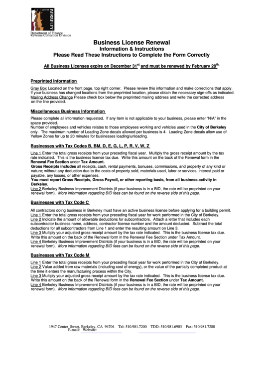 Instructions For Business License Renewal - City Of Berkeley Department Of Finance Printable pdf