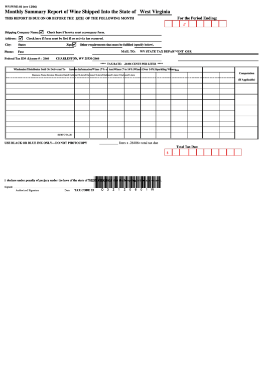 Form Wv/wne-01 - Monthly Summary Report Of Wine Shipped Printable pdf