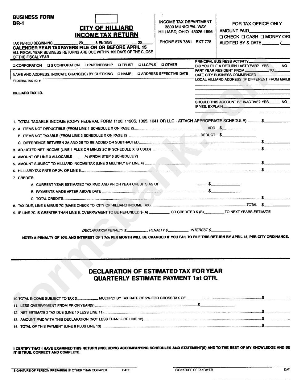 Business Form Br1 City Of Hilliard Tax Return printable pdf download