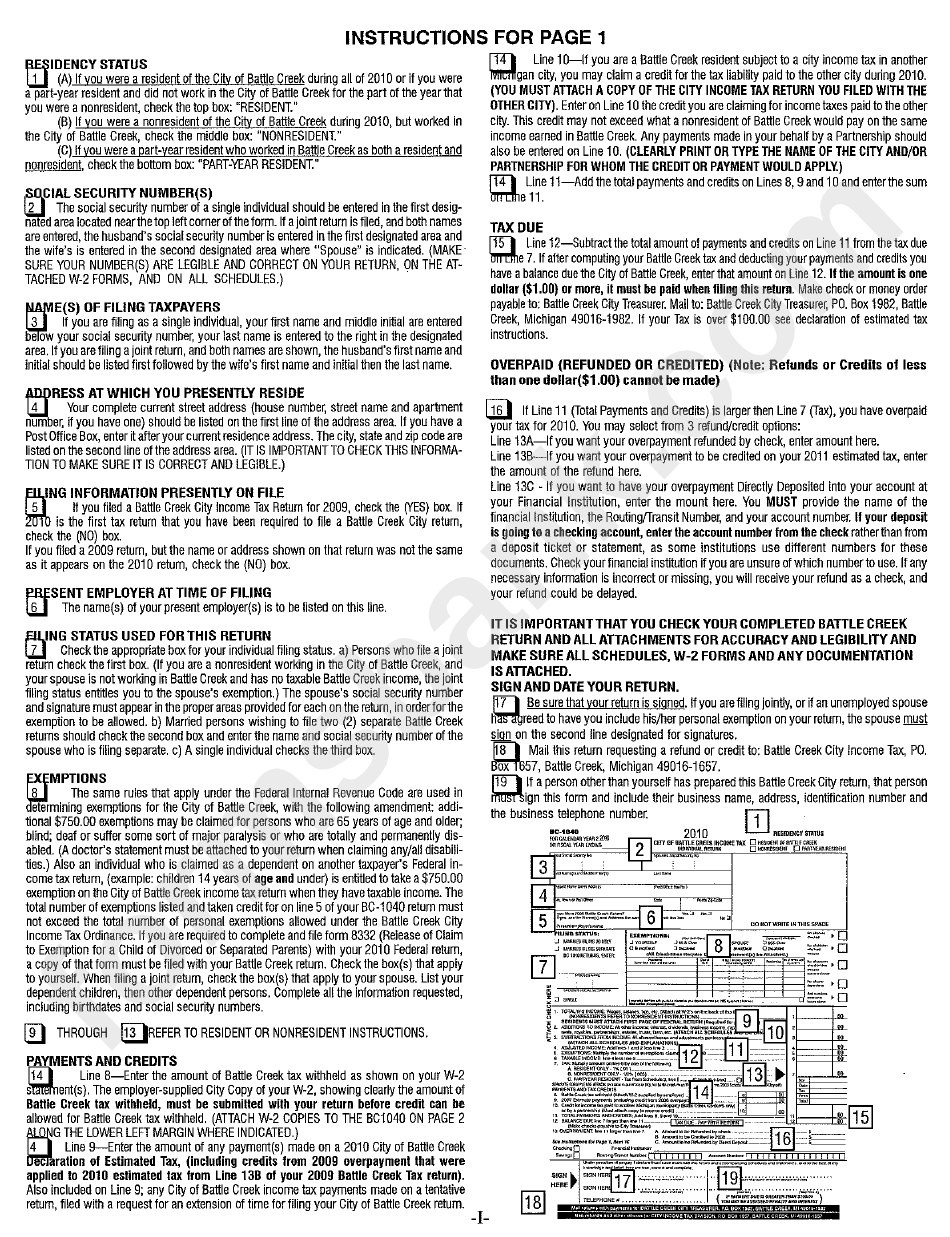 Instructions For Form Bc-1040 - City Of Battle Creek Individual Return (Resident And Nonresident) - 2010