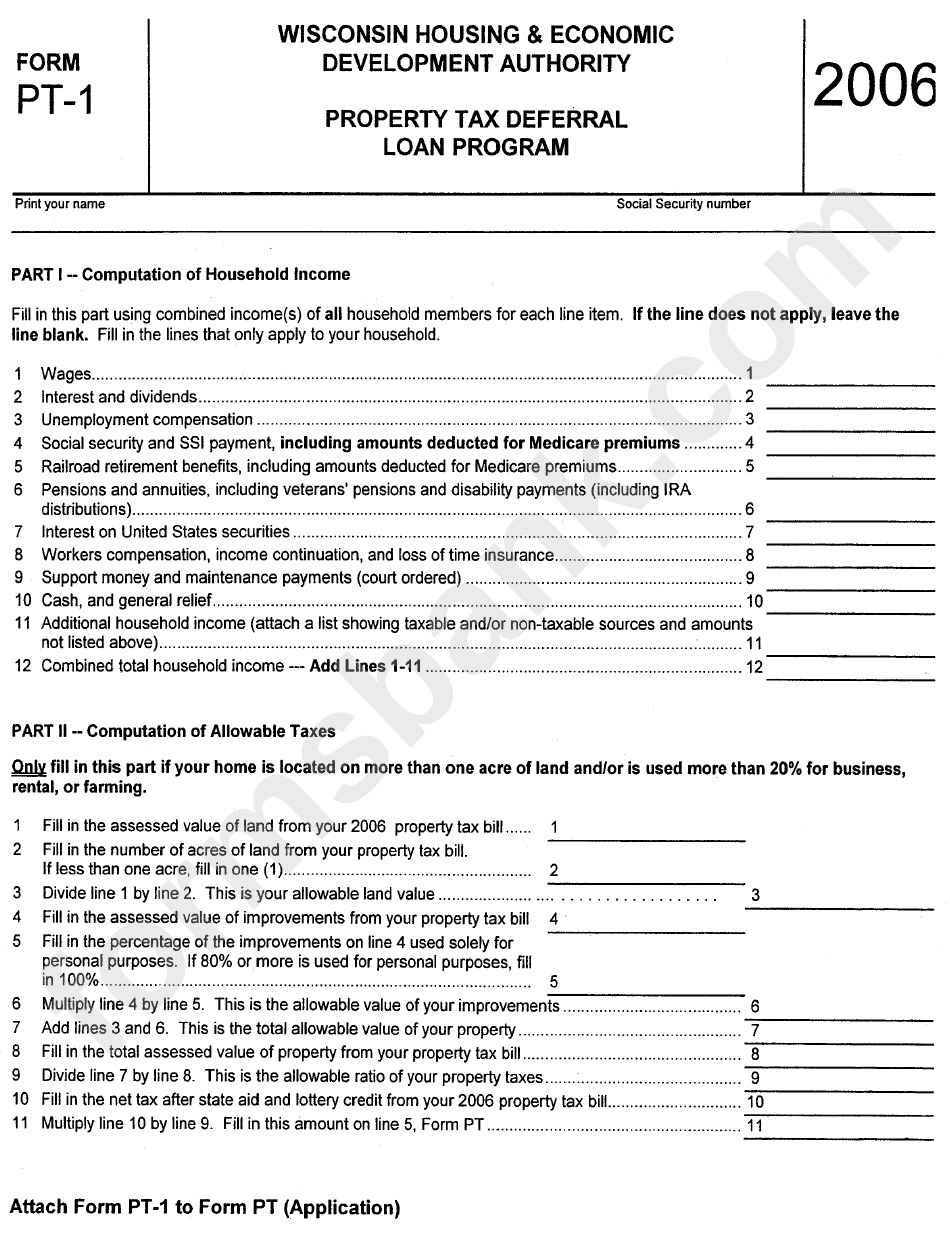 Form Pt-1 - Wisconsin Property Tax Deferral Loan Program