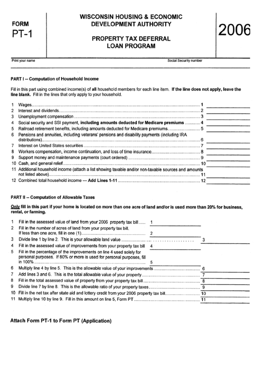 Form Pt-1 - Wisconsin Property Tax Deferral Loan Program Printable pdf