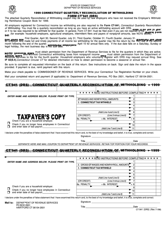 Fillable Form Ct-941 (Drs) - Connecticut Quarterly Reconciliation Of Withholding - 1999 Printable pdf