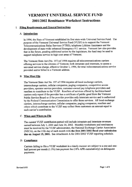 2001/2002 Remittance Worksheet Instructions - Vermont Universal Service Fund Printable pdf