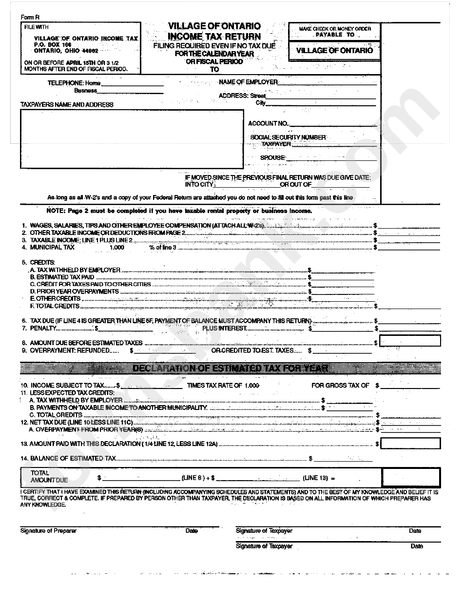 Form R - Income Tax Return - Village Of Ontario
