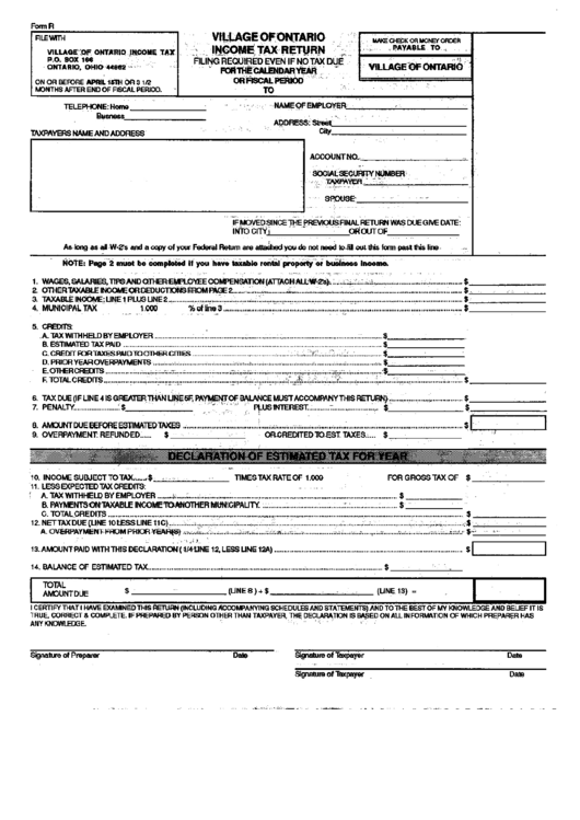 Form R - Income Tax Return - Village Of Ontario Printable pdf