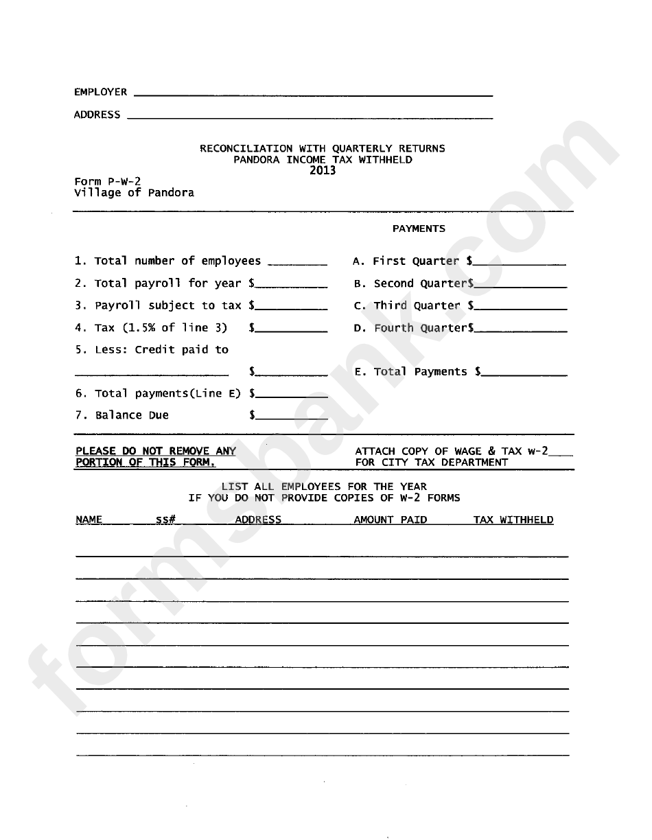 Form P-W-2 - Reconciliation With Quarterly Returns - Income Tax Withheld - Village Of Pandora, 2013