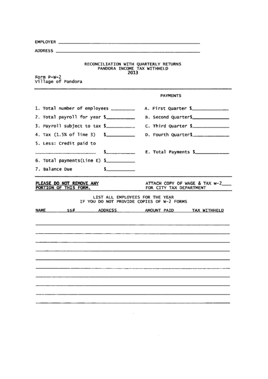 Form P-W-2 - Reconciliation With Quarterly Returns - Income Tax Withheld - Village Of Pandora, 2013 Printable pdf