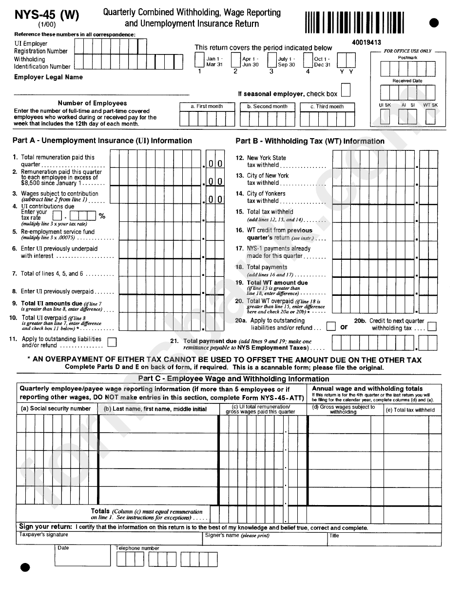 Form Nys-45(W) - Quarterly Combined Withholding, Wage Reporting And Unemployment Insurance Return