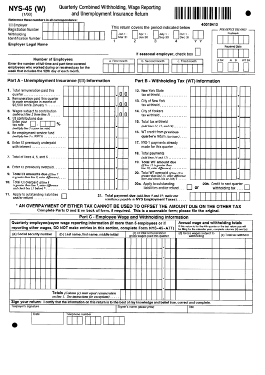 Form Nys-45(W) - Quarterly Combined Withholding, Wage Reporting And Unemployment Insurance Return Printable pdf