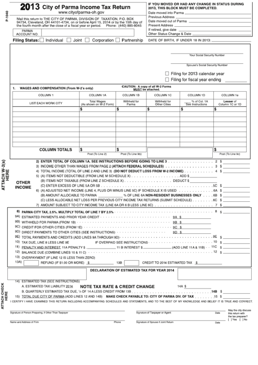 Form P-1040 - Income Tax Return Form - City Of Parma, 2013 Printable pdf