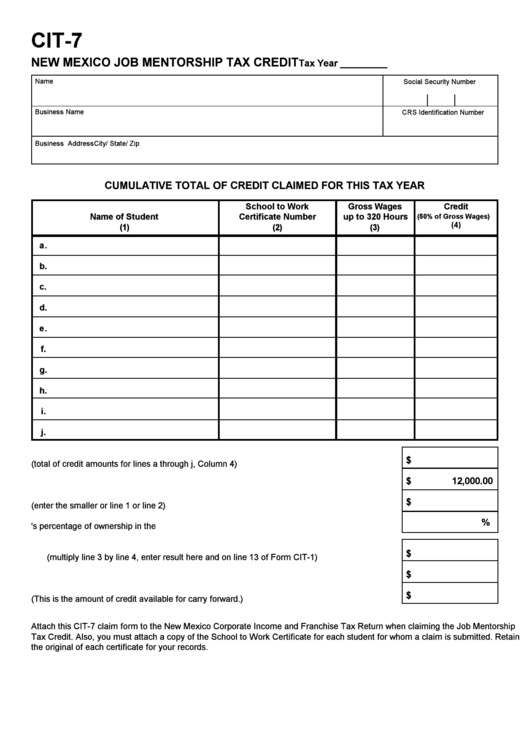 Form Cit-7 - New Mexico Job Mentorship Tax Credit Printable pdf