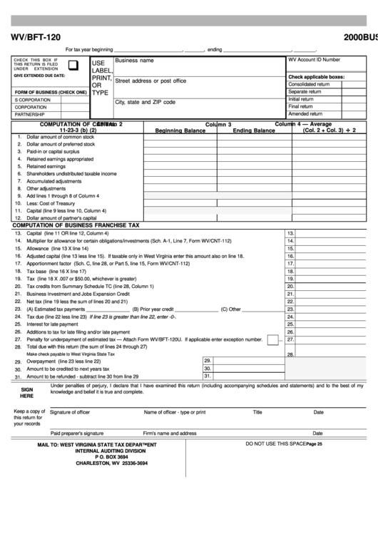 Form Wv/bft-120 - Business Franchise Tax Return - 2000 Printable pdf
