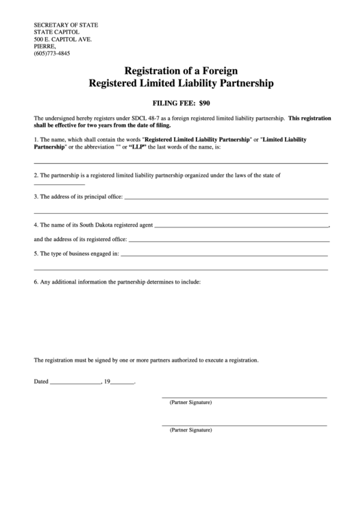 Registration Of A Foreign Registered Limited Liability Partnership - South Dakota Secretary Of State Printable pdf