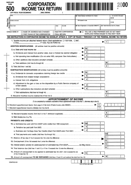 Form 500 - Corporation Income Tax Return - Maryland Department Of Revenue, 2000 Printable pdf