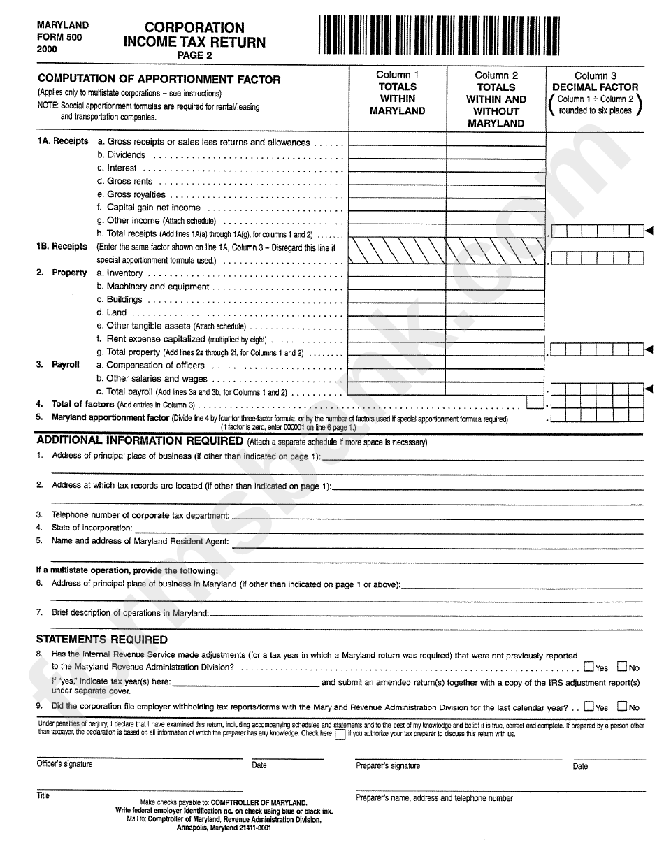 Form 500 - Corporation Income Tax Return - Maryland Department Of Revenue, 2000
