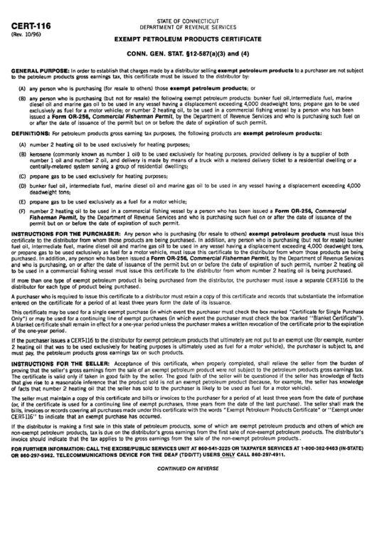 Fillable Form Cert-116 - Exempt Petrolium Products Certificate - Connecticut Department Of Revenue Services Printable pdf