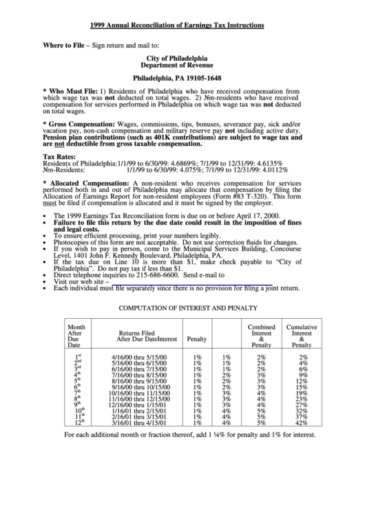 Annual Reconciliation Of Earnings Tax Instructions - City Of Philadelphia - 1999 Printable pdf