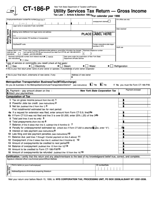 Fillable Form Ct-186-P - Utility Services Tax Return - Gross Income (1998) - New York State Department Of Taxation And Finance Printable pdf