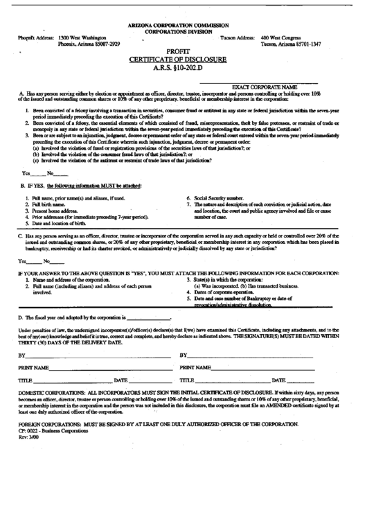 Form Cf 0022 - Certificate Of Disclosure - Arizona Corporation Comission Printable pdf