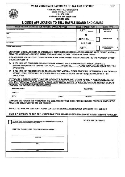 Form Wv/rafbdr-1 - License Application To Sell Raffle Board And Games - West Virginia Department Of Tax And Revenue Printable pdf