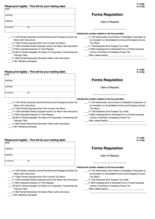 Fillable Form F-1120f - Forms Requisition - 1998 Printable pdf
