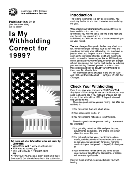 Is My Withholding Correct For 1999 - Instructions - Department Of The Treasury Printable pdf
