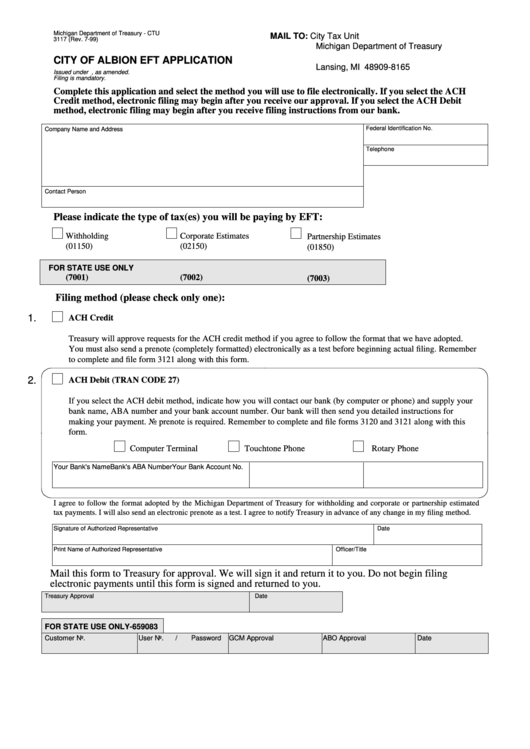 Form 3117 - City Of Albion Eft Application Printable pdf