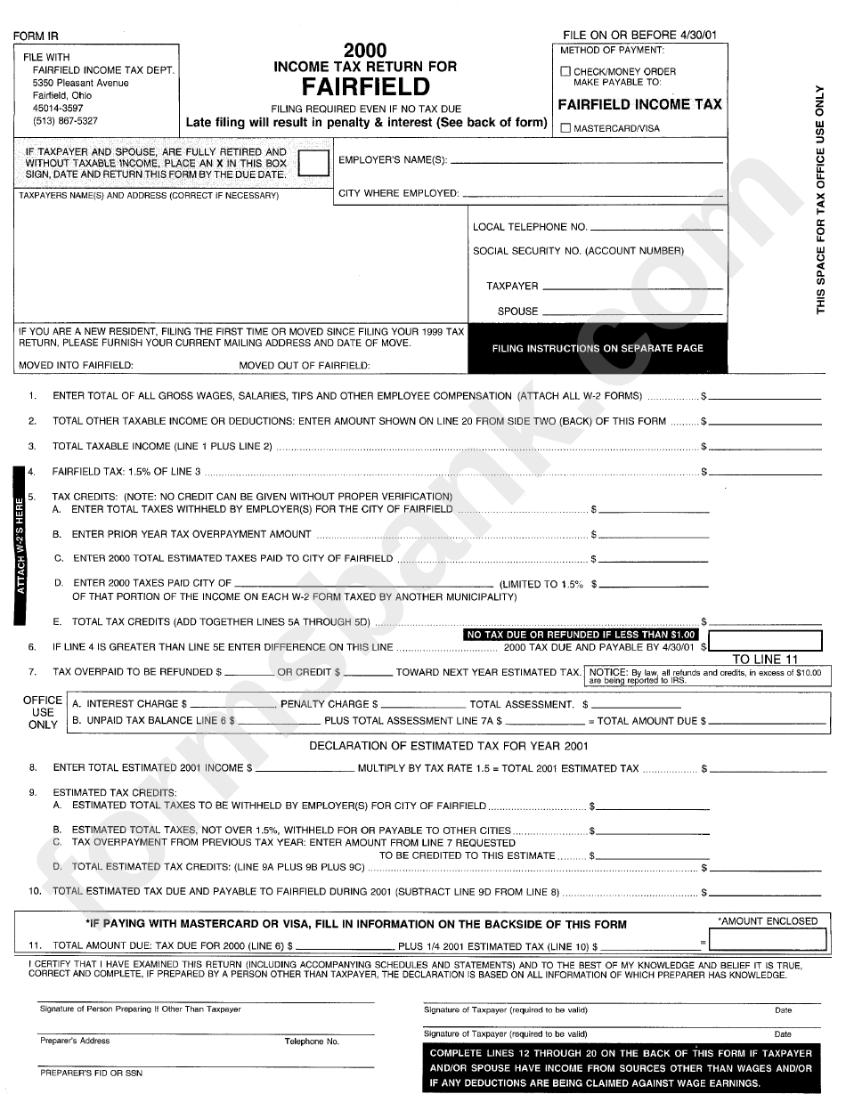 Form Ir - Income Tax Return - City Of Fairfield, 2000