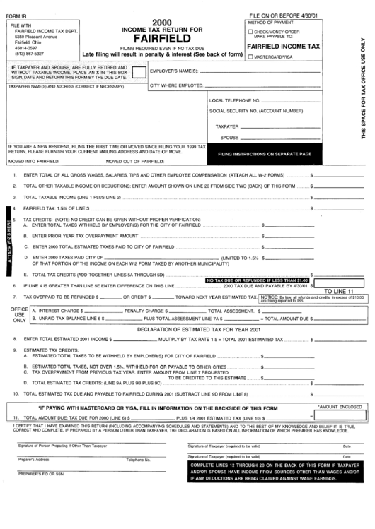 Form Ir - Income Tax Return - City Of Fairfield, 2000 Printable pdf