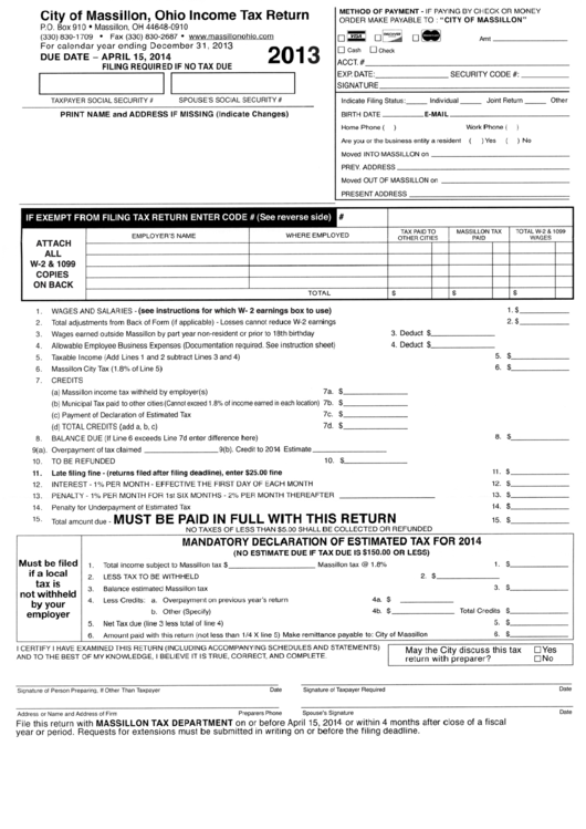 Ohio Income Tax Return Form - City Of Massillon, 2013 Printable pdf