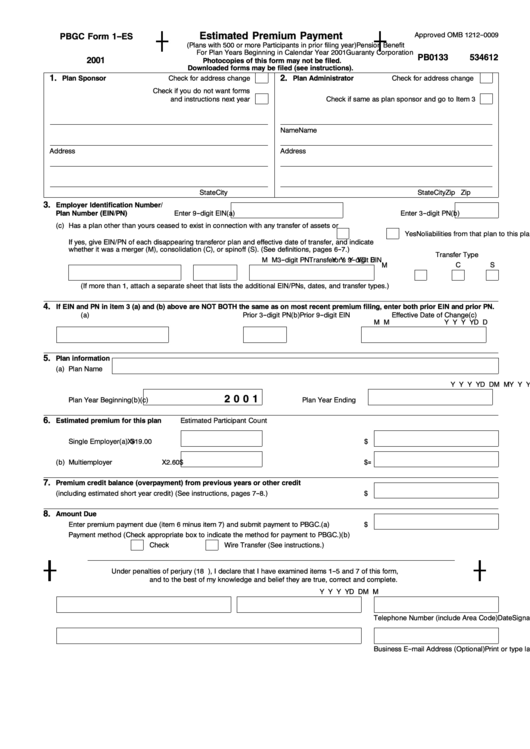 Pbgc Form 1-Es - Estimated Premium Payment - Pension Benefit Guaranty ...