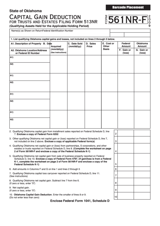 Form 561nr-F - Capital Gain Deduction For Trusts And Estates - 2009 Printable pdf