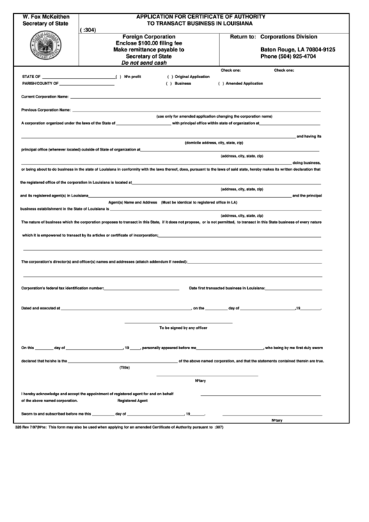 Form 326 - Application For Certificate Of Authority To Transact Business In Louisiana Printable pdf