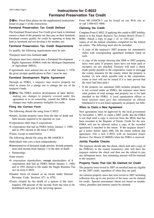 Instructions For C-8022 Farmland Preservation Tax Credit - Michigan Department Of Treasury Printable pdf