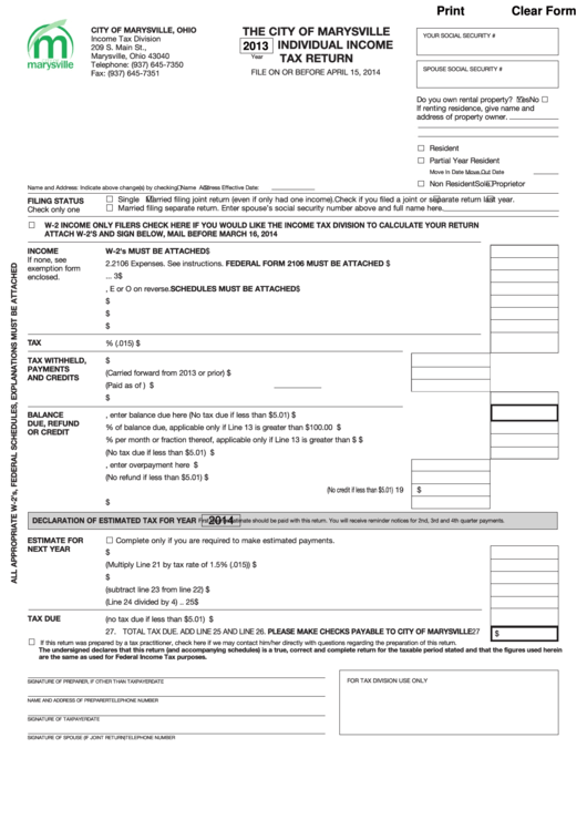 Fillable Individual Income Tax Return - City Of Marysville - 2013 Printable pdf
